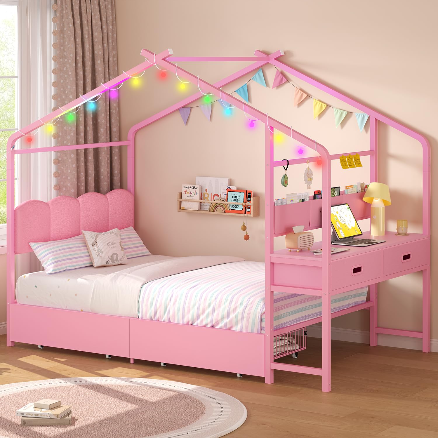 ADORNEVE Twin Kids Bed with Drawers,House Bed with Desk,Pink