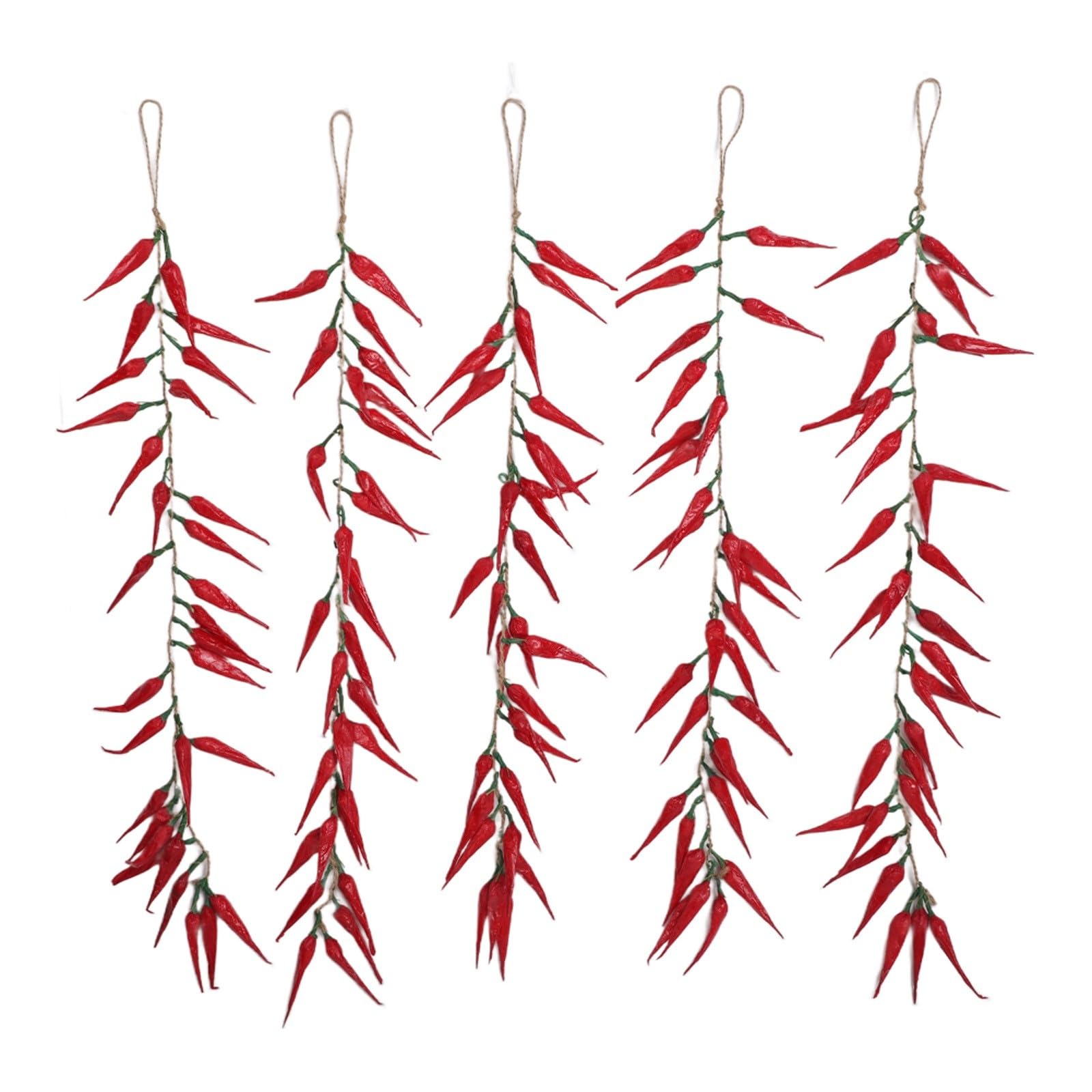 Confezione da 5 corde da appendere al peperoncino artificiale, 50-55 cm, finti peperoni rossi e verdi, per decorazione della cucina di fattoria, oggetti di scena fotografici rustici