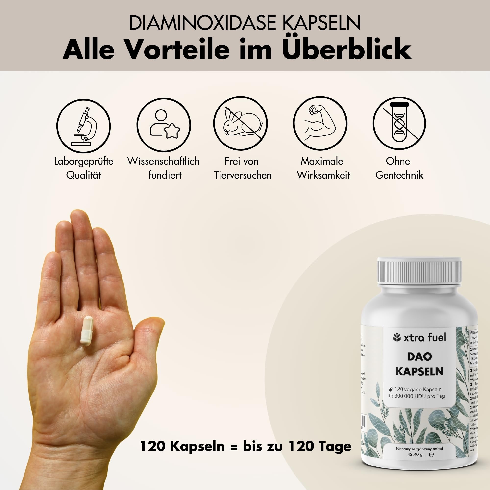 DAO Kapseln 120 Stück (hochdosiert) - 300,000 HDU pro Tagesdosis - DAO Enzym aus Erbsenprotein - vegan & laborgeprüft
