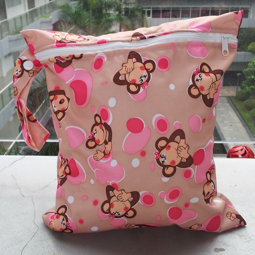 HEAVENGLOW Baby Infants Wet Diaper Nappy Storage Waterproof Zippered Reusable Tote Style Bag Monkey Print Handbag Light Brown|Diaper Bags-image-11