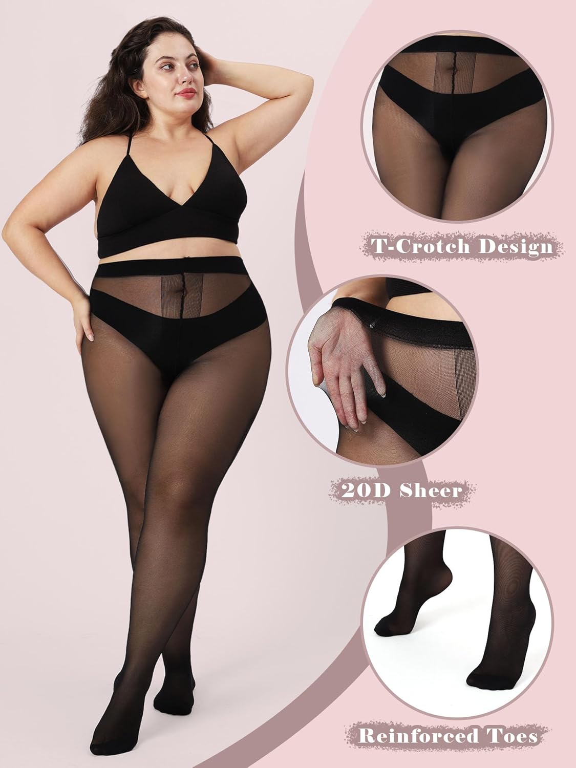 Plus Size Sheer Black Tights for Women T-Crotch 20D Ultra Thin Pantyhose High Waist Stockings 2 Pairs - Image 2