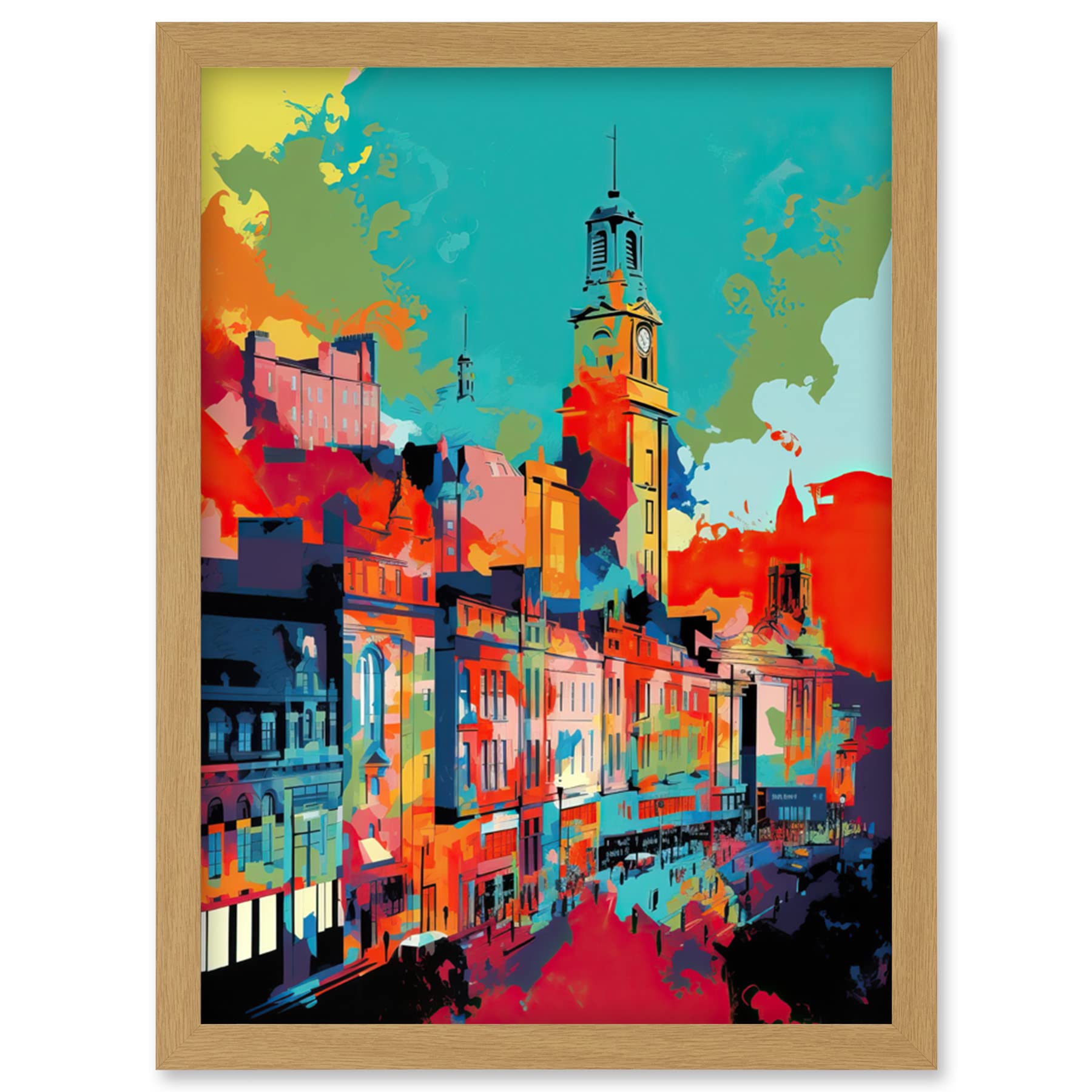 Artery8 Nottingham City England Cityscape Vibrant Abstract Artwork Framed Wall Art Print A4