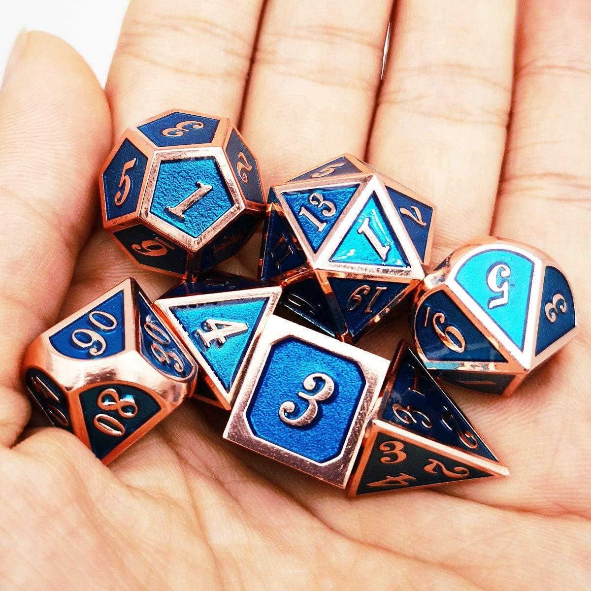 Haxtec Metal DND Dice Set Copper Blue Polyhedral Dice Compatible with Dungeons and Dragons TTRPG Metal Dice with Leather Dice Bag D&D Gifts for DND Lovers Players Masters