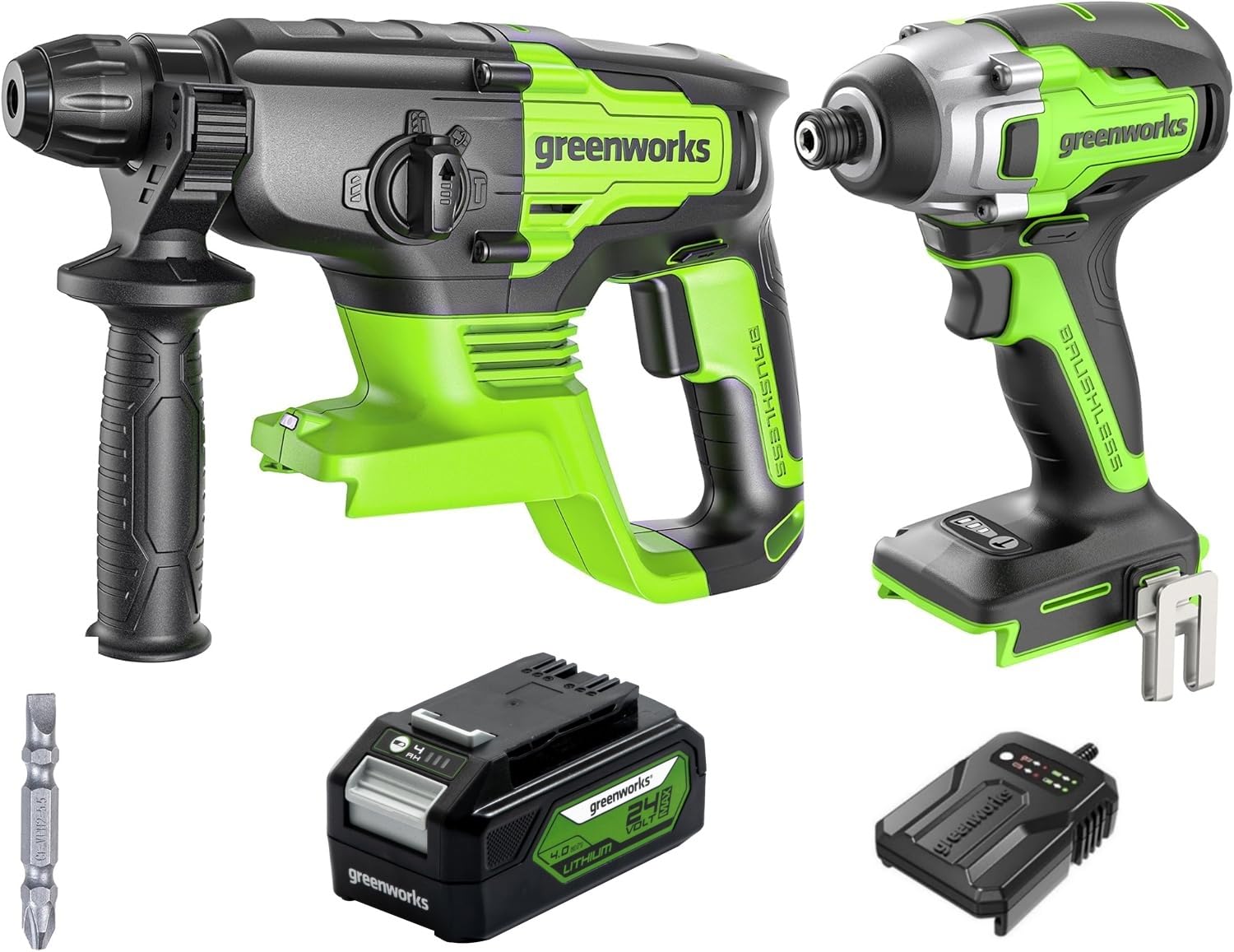 Greenworks Martello perforatore da 24 V 2J e avvitatore a percussione da 300 Nm, con batteria da 4 Ah e caricabatterie