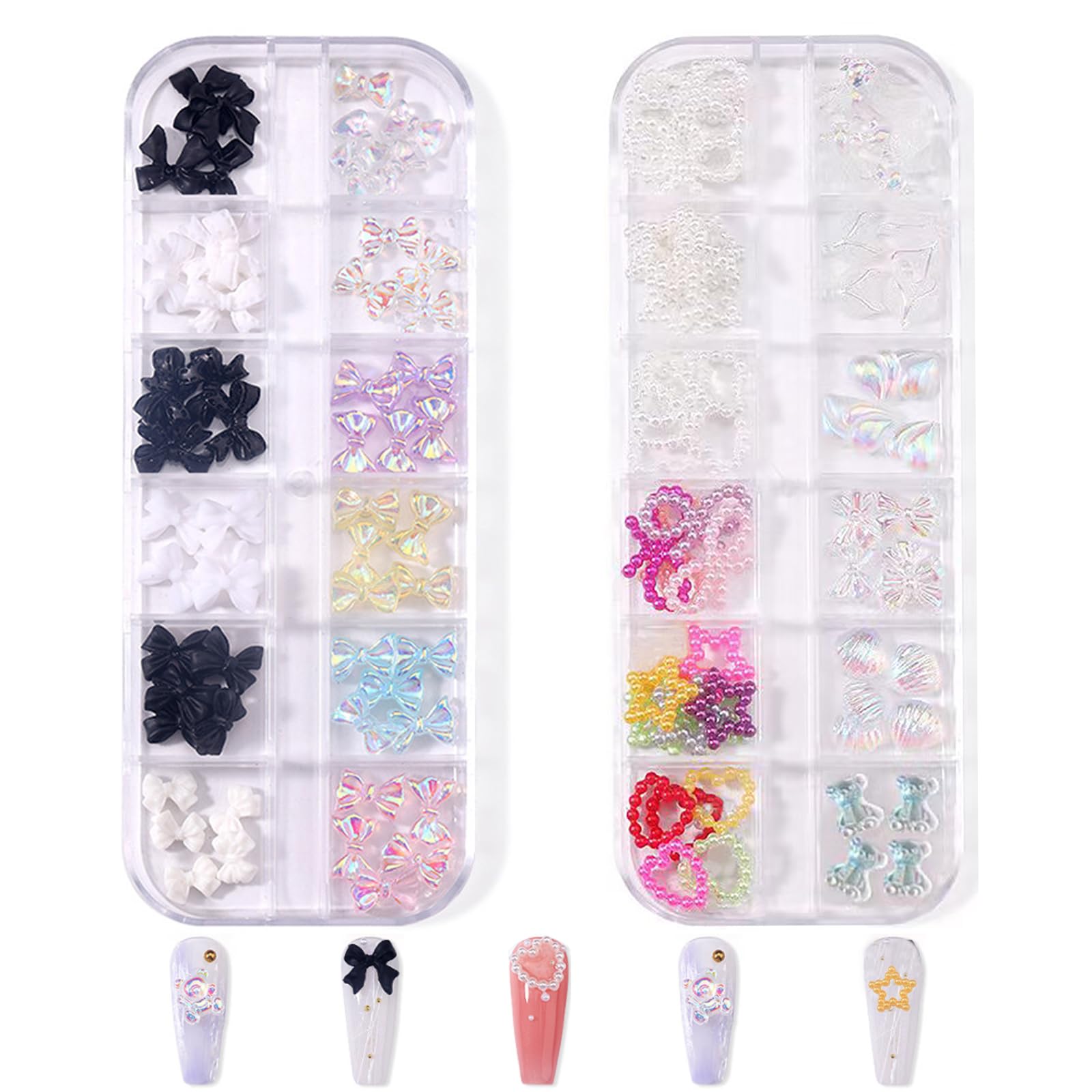 3D Aurora Bow Nail Art Charms,2Boxes 24Grids Resin Pearl Love Heart Star Nail Charms,Bowknot Shell Nail Art Decorations for Nail Art Design DIY Crafting Party Daily Wedding