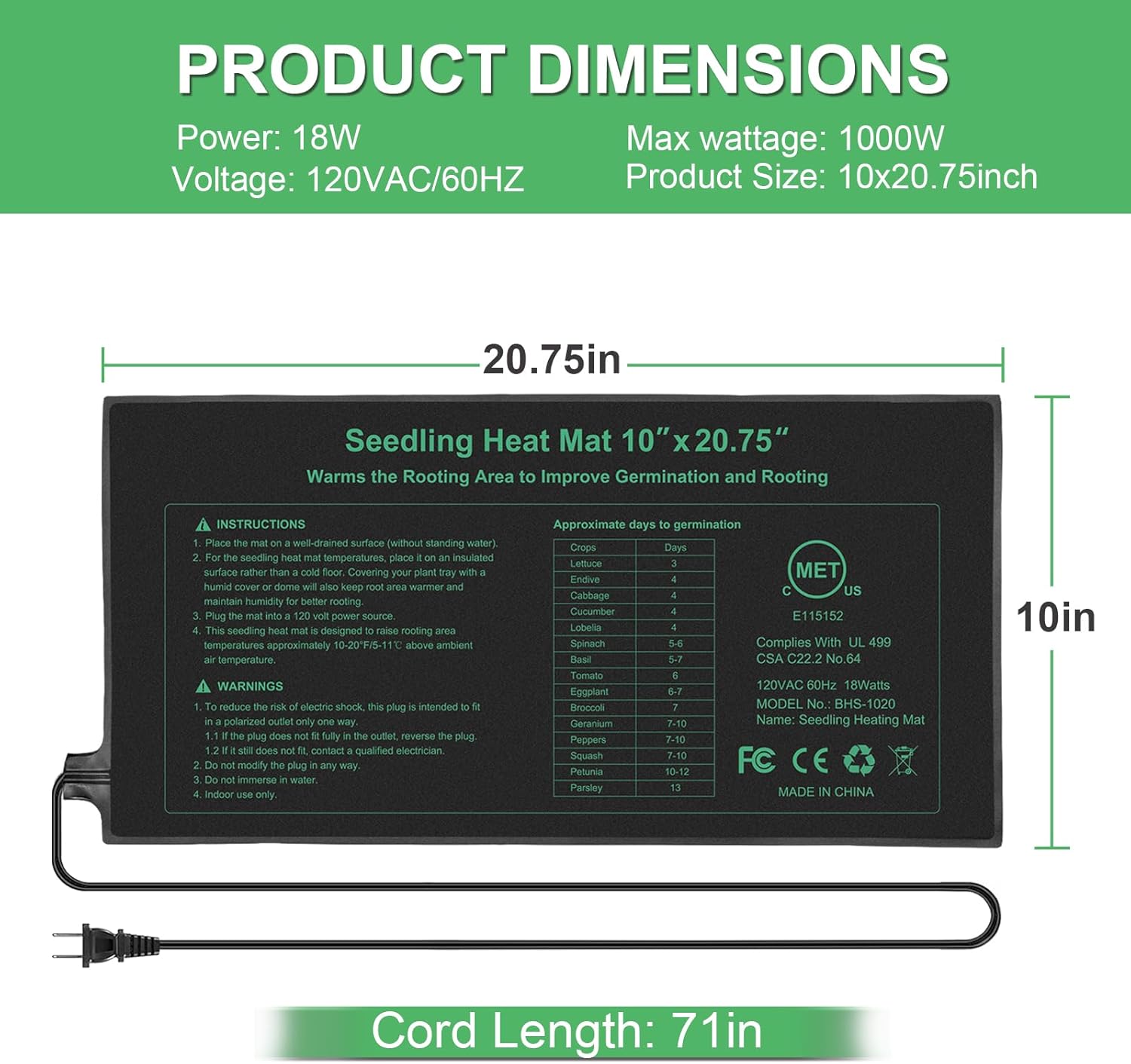 Durable Seedling Heat Mat 10x20.75 inches 4 Pack, Upgraded MET Certified Heat Mat for Plants Seed Germination,Hydroponic, Waterproof Greenhouse Heater, Seed Starter