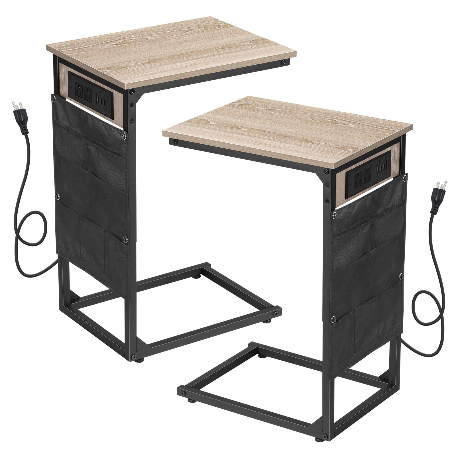 Set of 2 C Shape End Table with Charging Station, Side Table for Couch