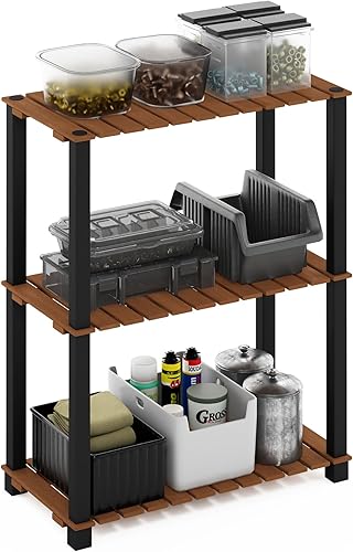 Furinno Pangkor Turn-N-Tube - Estante de madera para plantas de interior y exterior de 3 niveles con postes cuadrados, color naturalnegro