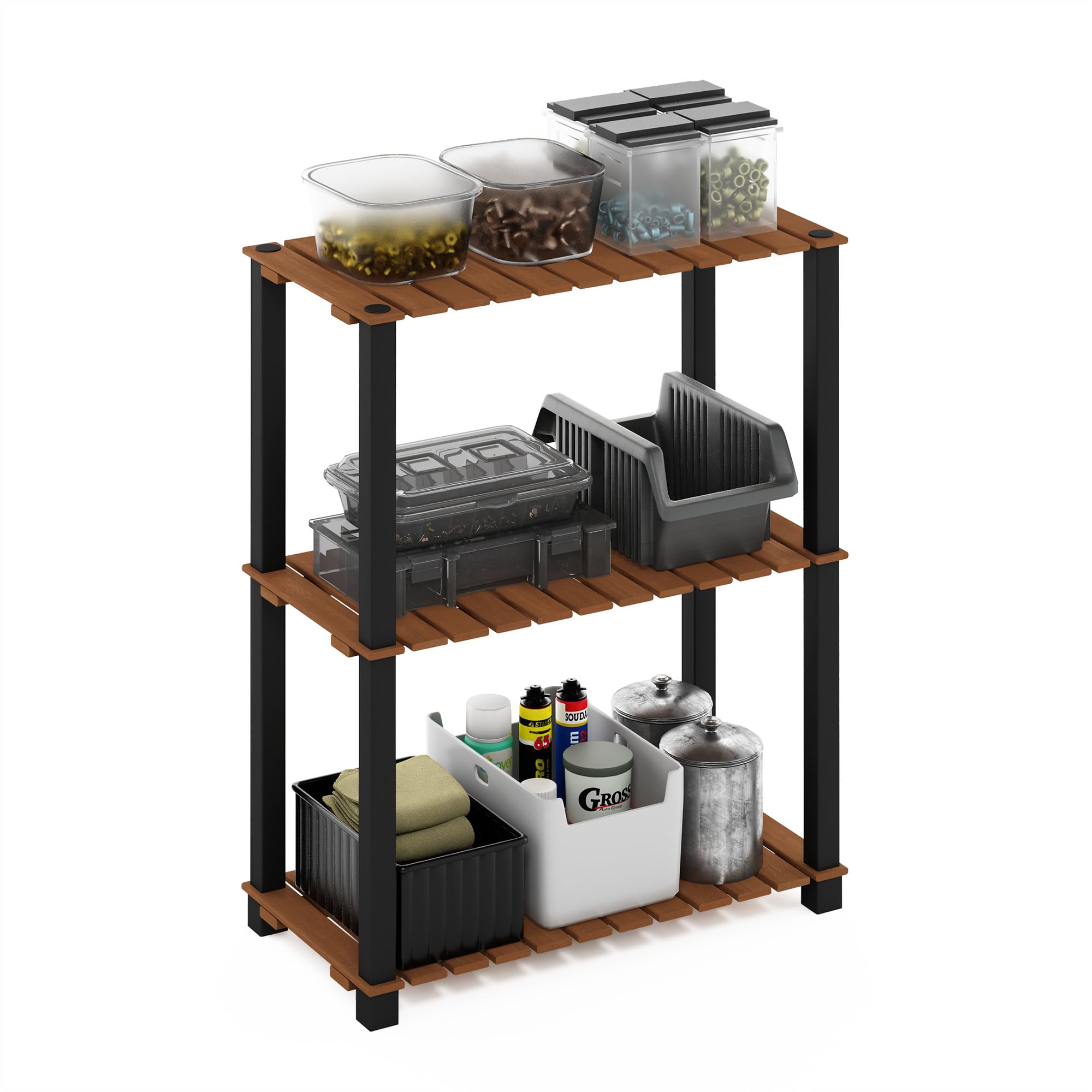 Furinno TURN-N-TUBE Plant Stand Indoor Outdoor, 3-Tier Large Rectangle Plant Shelf, Display Shelf with Square Poles, for Patio, Garden, Living Room, Balcony, Natural