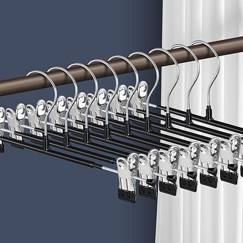 Miniatura 56 de Perchas para pantalones con clips para mujer, paquete de 20 perchas ajustables y resistentes que ahorran espacio para faldas, pantalones negro
