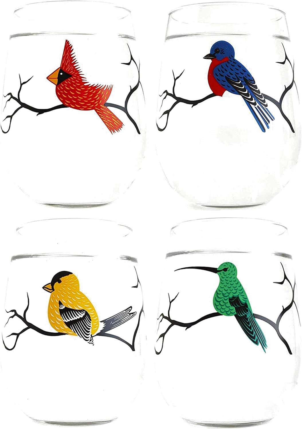 Bird Glassware Set of 4 Stemless Wine Glasses, Cardinal, Bluebird, Yellow Finch, Hummingbird Glass Collection