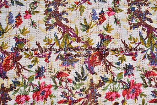 Miniatura 4 de Sophia-Art Colcha Kantha hecha a mano con estampado de pájaros, manta Kantha, funda de cama, colcha King Kantha, ropa de cama bohemia Kantha tamaño