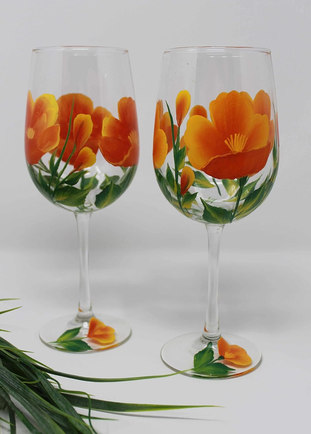 Hand Painted Wine Glasses - California Orange Poppy (Set of 2)