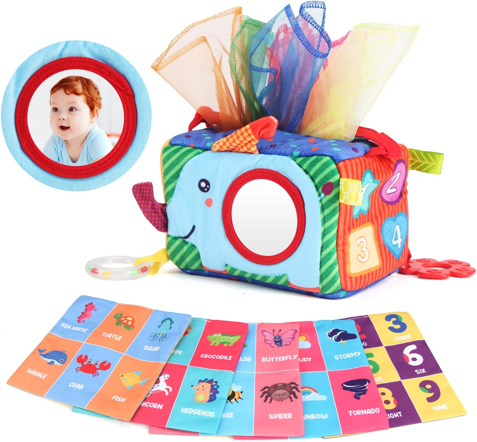 My First Tissue Box with Tummy Time Mirror, Montessori Toy Baby Infants Newborns Kids Educational Preschool Learning 3-6-9-12 Months Development STEM Gift
