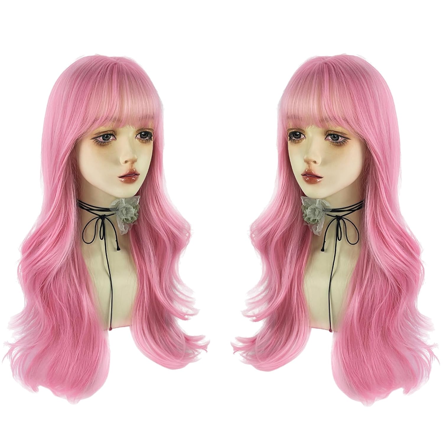WKLOUYHE Pink Long Wavy Wigs with Bangs for Women Loose Wavy Wig Curly Wavy Synthetic Cosplay Wig for Women Colorful Costume Wigs