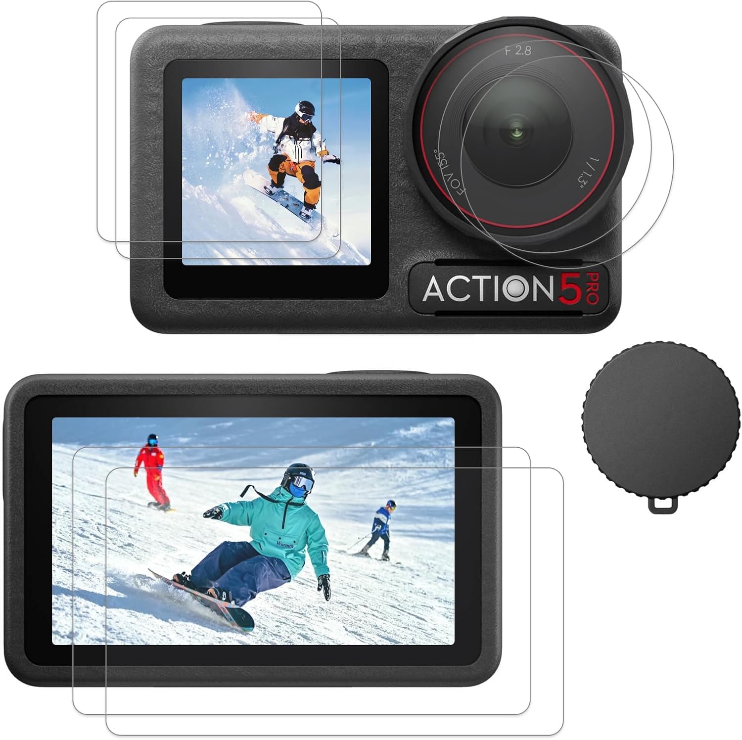 [6PCS] Screen Protector for DJI Osmo Action 5 Pro Camera, 2 Pack Ultra lear Tempered Glass Screen protector+1pcs Rubber Lens Protective cover Accessories Kit, 0.3mm 9H Hardness Anti-Scrach Anti-Bubbl