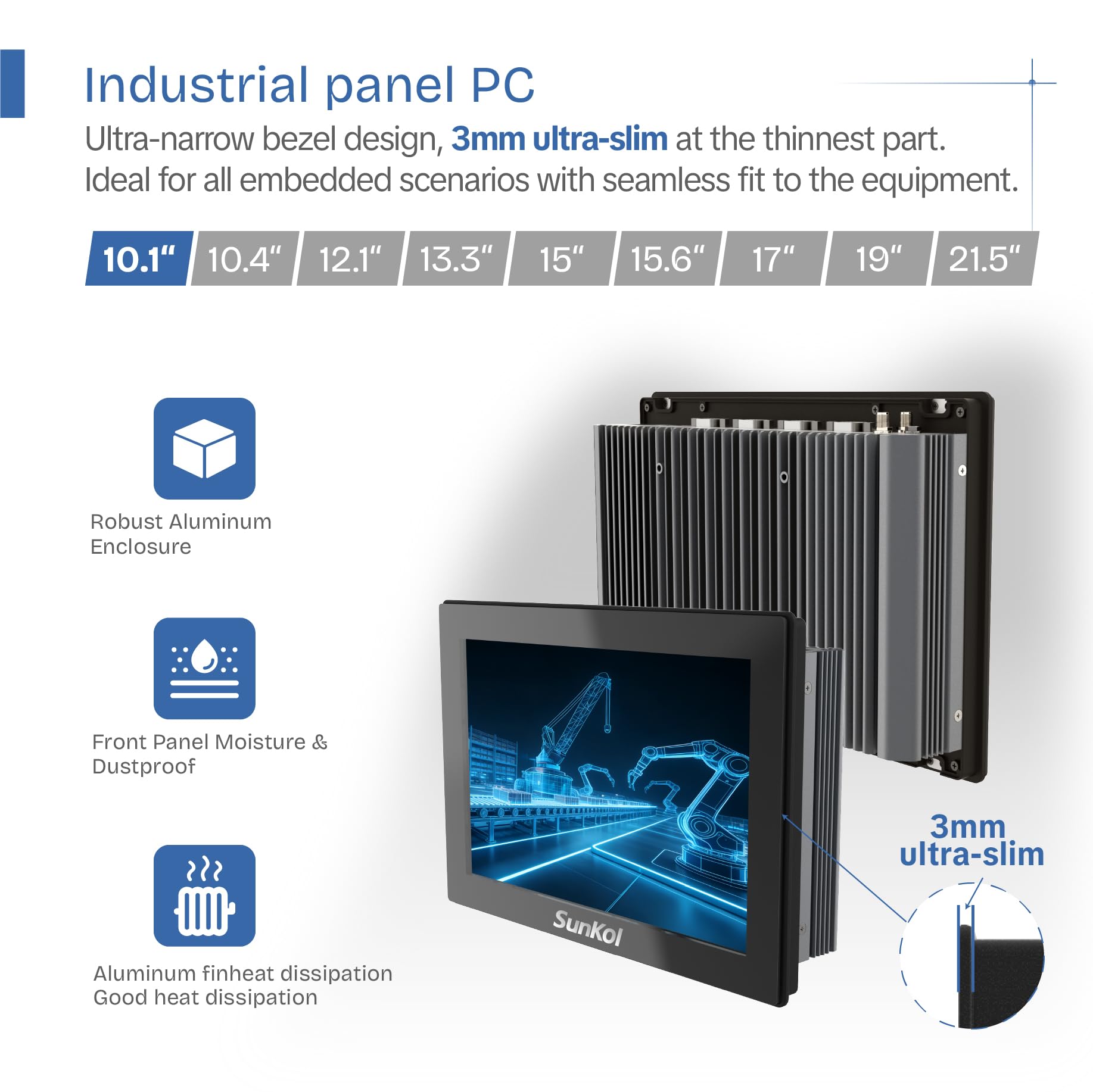 10.1 inch Narrow Bezel Industrial Panel PC, Fanless Embedded Touchscreen, I5-1235U, IP65 Front, VESA Mount for Warehouse, Logistics, Automation (No RAM&Storage&System)