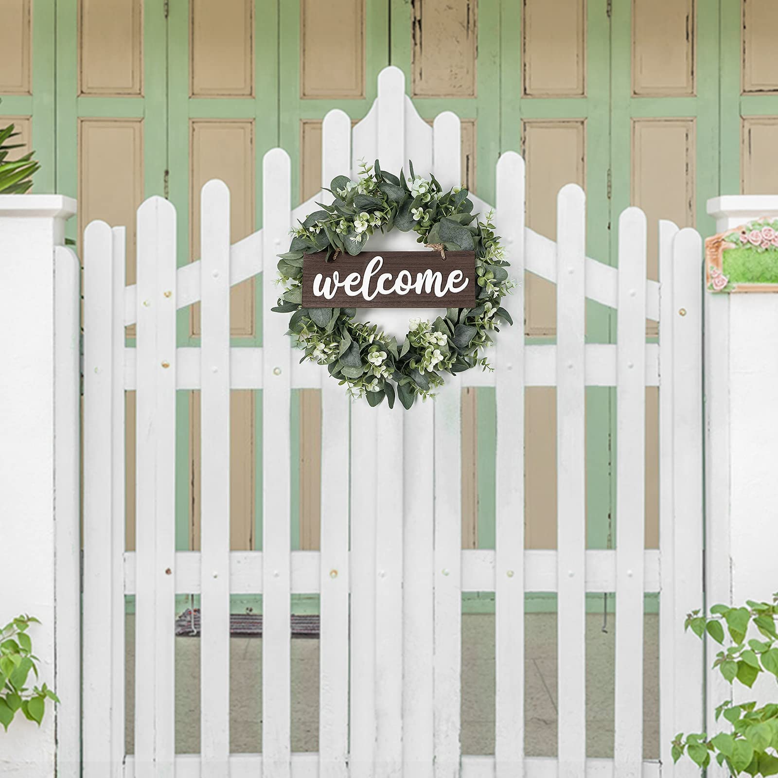 Ghirlanda di Eucalipto Artificiale 40 cm Ghirlanda per Porta d'ingresso Corona di Benvenuto Pianta Artificiale per Porta da Parete per Soggiorno Matrimonio Primavera Decorazione di Casa