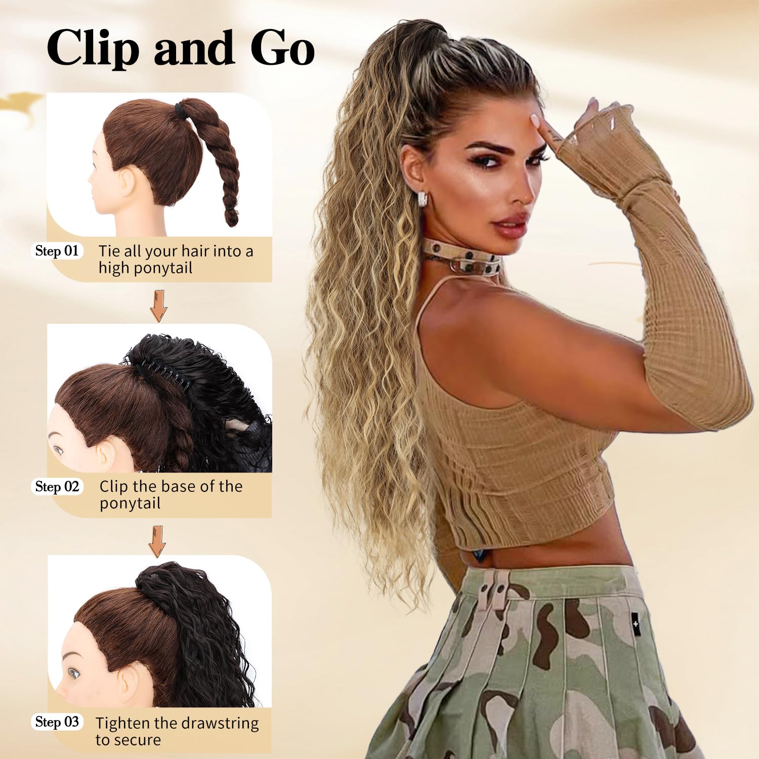 Ponytail Extension, Claw Clip Ponytail Extension 26 Inch Long Ombre Brown Curly Clip in Pony Tails Hair Extensions Synthetic Layered Fluffy Hairpieces for Women Ombre Brown Mix Blonde