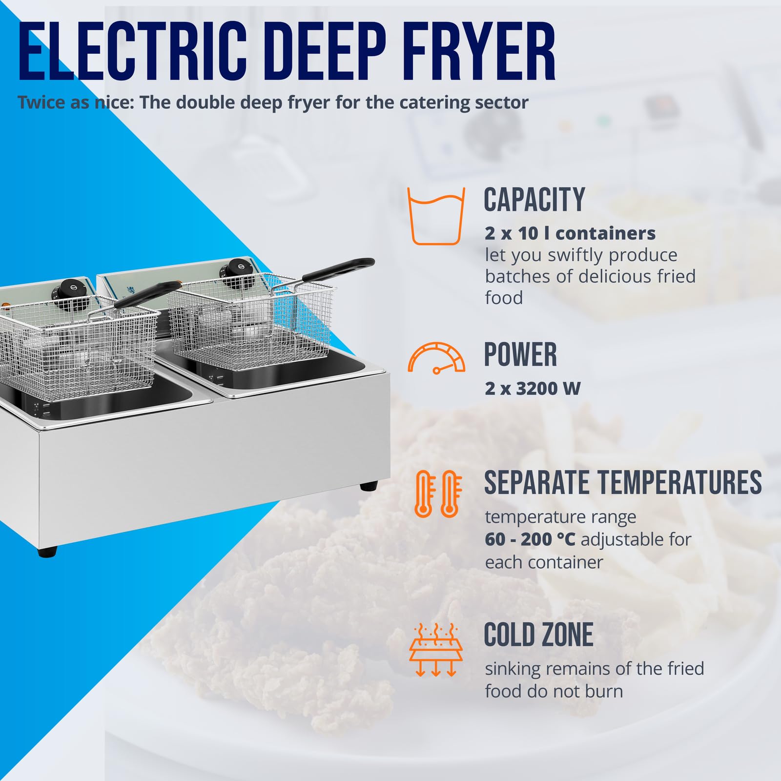 Royal Catering Freidora Industrial Profesional Rcef-10Dy-Eco (Doble con Doc Cestas 2 X 10 Litros, 2 X 3.200 W, 230 V, Termostato, Acero Inoxidable)