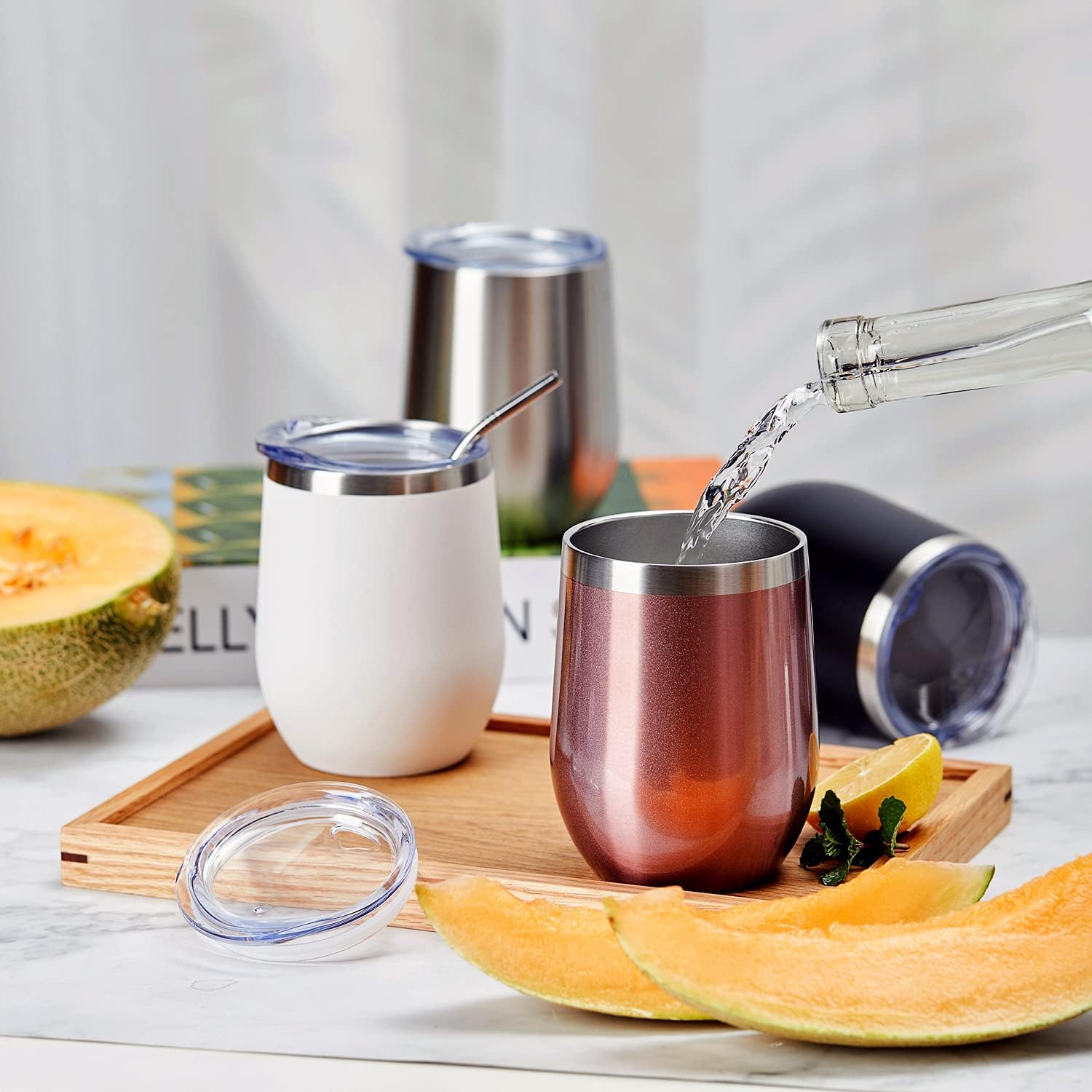 COMOOO Stainless Steel Wine Tumbler with Lid and Straw 12oz Double Wall Vacuum Insulated Travel Tumbler Cup for Coffee, Wine, Cocktails, Champagne (Black White Silver and Rose Gold,8 Pack) - Image 6