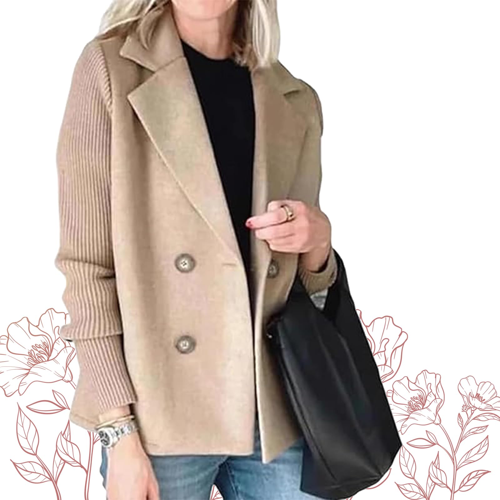 Casual Blazer Sweater Women Knit Sleeve Lapel Patchwork Button Coat Double Breasted Wool Pea Coat