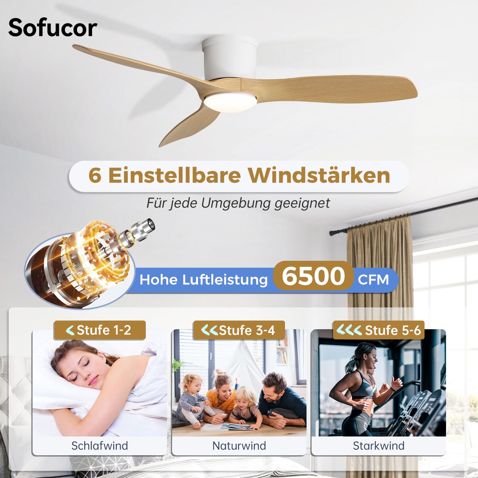 Sofucor Smart Deckenventilator mit Beleuchtung,132cm Leise Deckenventilator mit Licht, Alexa/APP, Fernbedienung, WLAN, 3 Farbtemperatur, DC, Timer, 6 Geschwindigkeiten für Schlafzimme