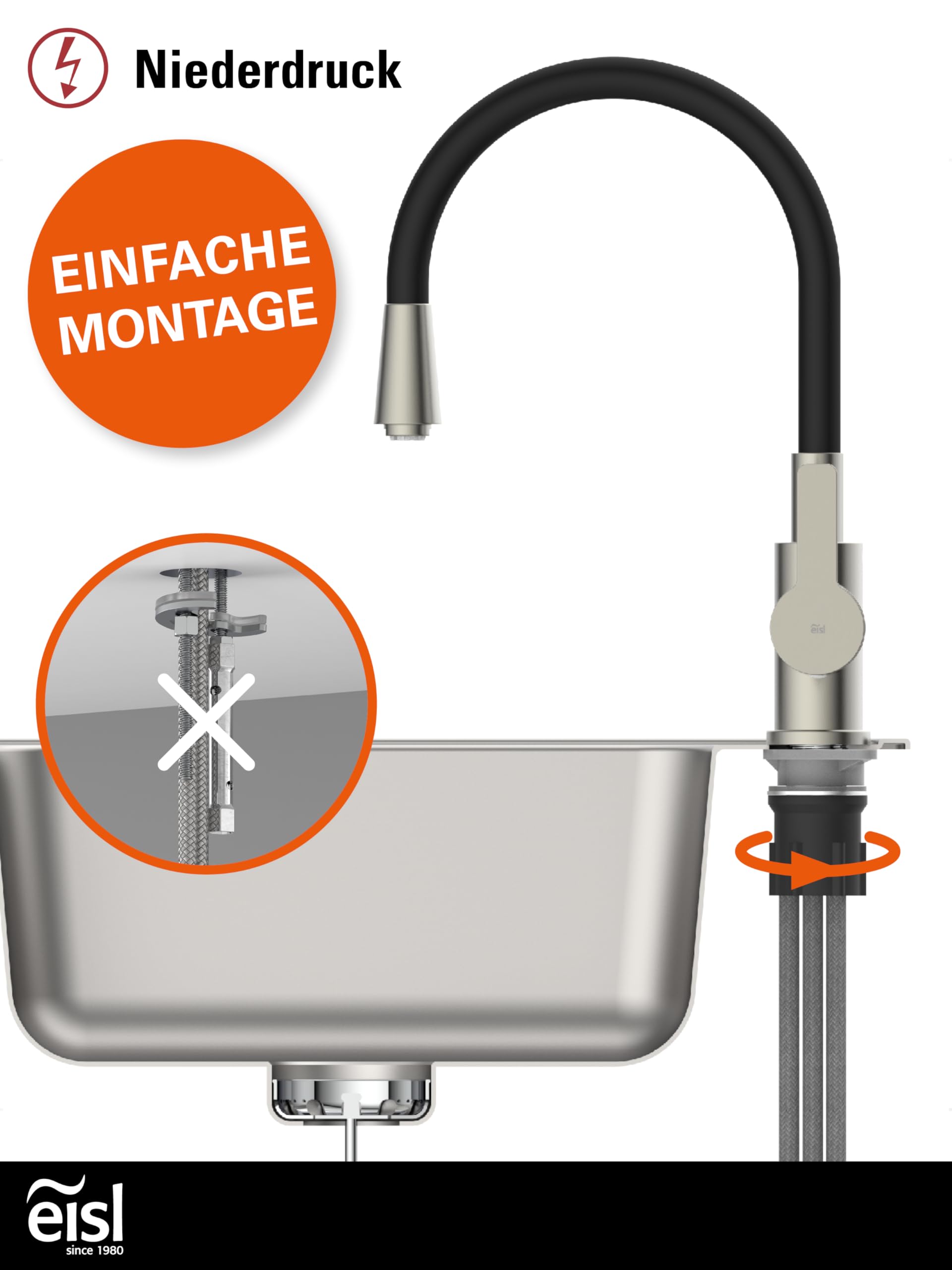 EISL Flexo Edelstahl/Schwarz Flexible Spültischarmatur Niederdruck, biegsamer Wasserhahn für die Küche, mit Soft-Touch-Schlauch, 360 Grad schwenkbar, Wasserhahn Küche flexibel, NI186FLNIB-LPU