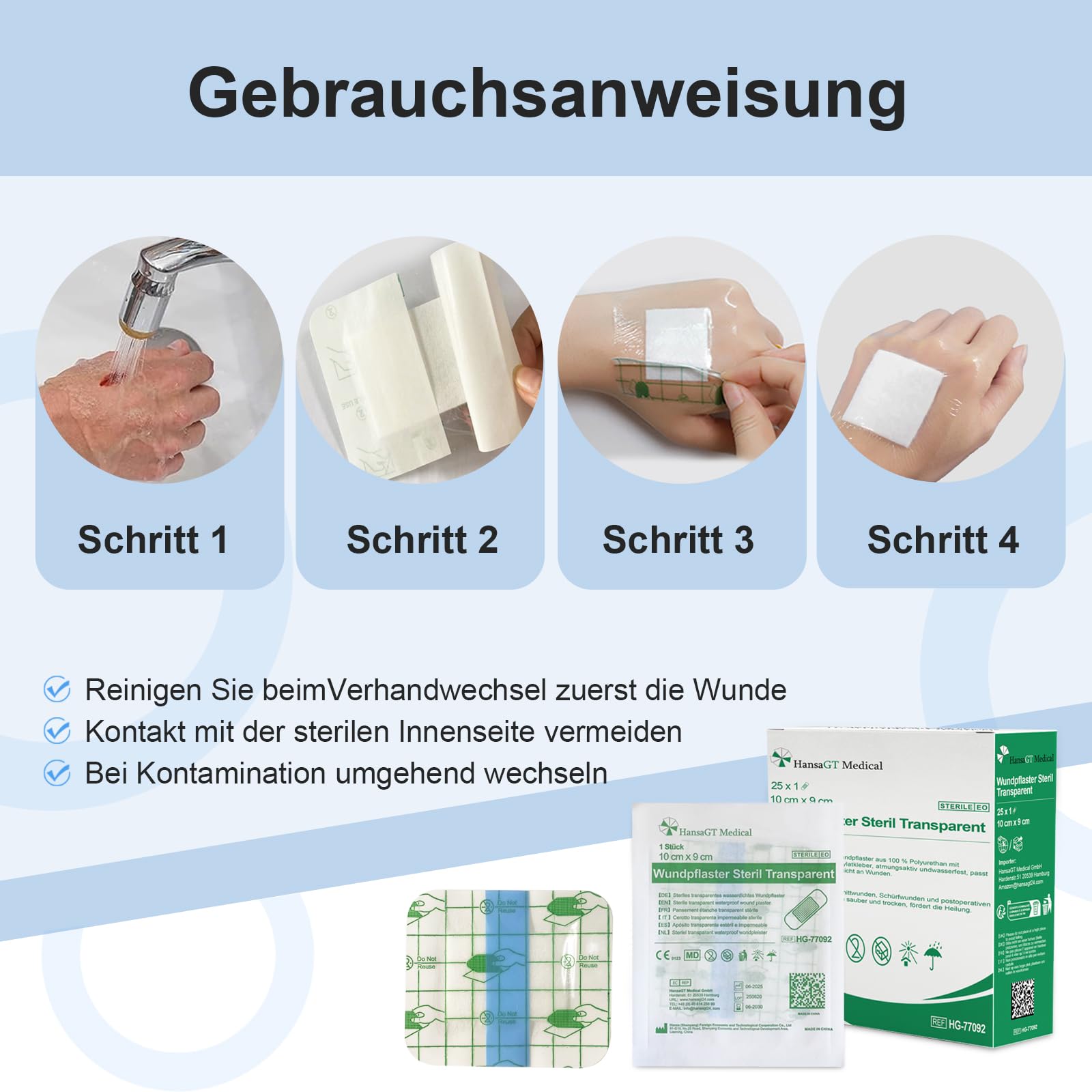 Wasserfest Pflaster 25 x 10 cm Wundpflaster steril transparent - wasserdichtes Pflaster nach OP Duschpflaster - selbstklebender Verband einzeln verpackt 25 Stück+E-Book (über Gesundheit)