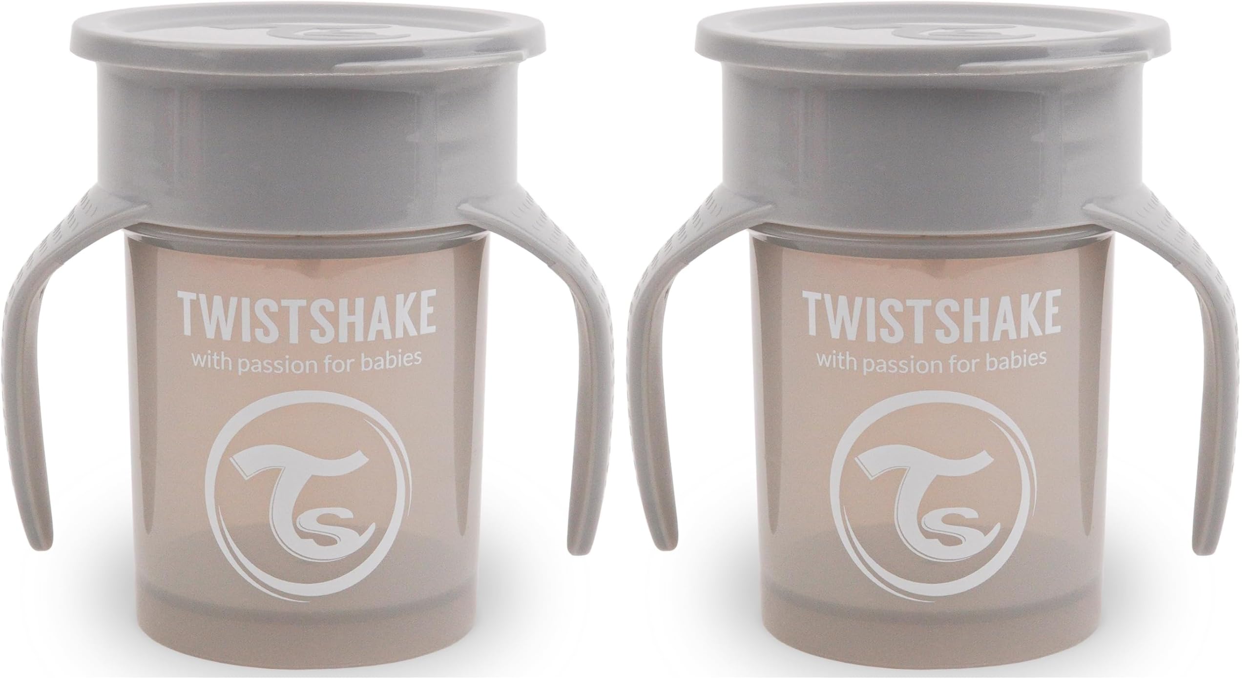 Twistshake 360 ​​Tasse | Baby-Schnabeltasse mit 360°-Trinkrand - 230 ml | Lernbecher für Kinder mit Henkeln | Auslaufsicherer Trinkbecher für Kleinkinder | BPA-frei | 6+ Monate | Grau (Packung mit 2)