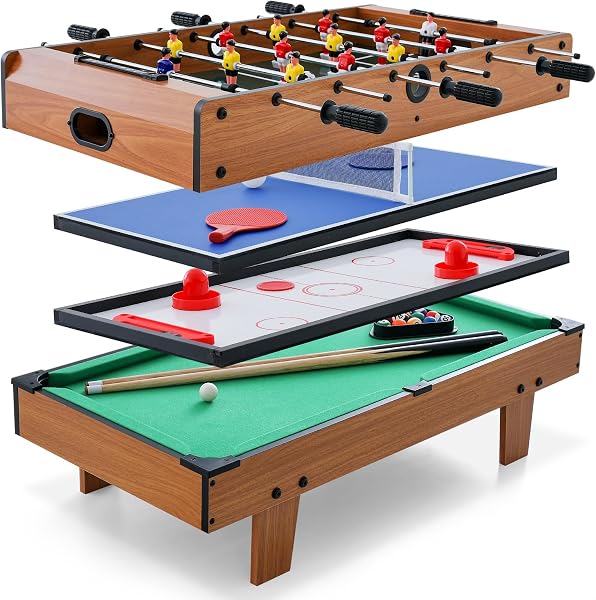 COSTWAY Tavolo Multigioco, Gioco Multifunzione 4 in 1-Calcio Balilla, Tavolo da Biliardo, Ping Pong, Air Hockey, Calcetto Multigioco per Adulti e Bambini, Casa Feste Bar (Nturale) - 1