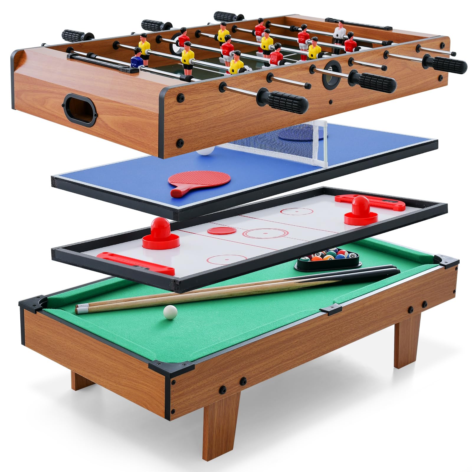 COSTWAY Mesa de Futbolín 4 en 1 con Billar, Ping Pong, Hockey y Accesorios Completos para Hogar, Sala de Juegos y Noches Familiares, Mesa de Juegos Multiusos para Niños y Adultos