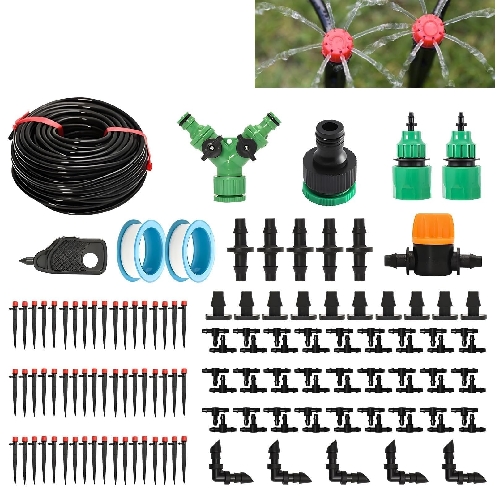 Sistema di irrigazione da giardino, 25 m, tubo di irrigazione automatico a 360°, con ugelli regolabili, irrigazione automatica a goccia per giardino, serra, prato, irrigazione delle piante (45 m)
