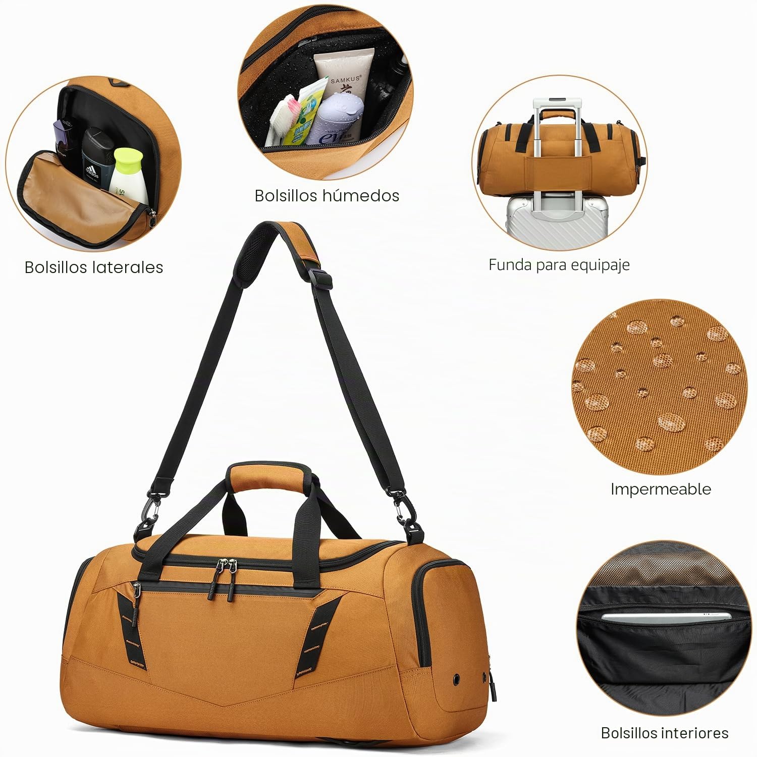 Bolsa de Viaje Hombre 40L Bolsa Deporte con Zapatos y Compartimentos Húmedos + Cinturón de Mochila Deportivo Viaje Gimnasio Natacion Boxeo Travel Duffle Bag Mujer, Marrón