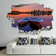 Sweden Rivers Boats Sunrises and Sunsets Two Wall Decal Landscape 3D Break Through Wall Sticker Removable PVC Funny Wall Art Decal Christmas Home Decor Vinyl Mural for Boy Kids Room Living Room