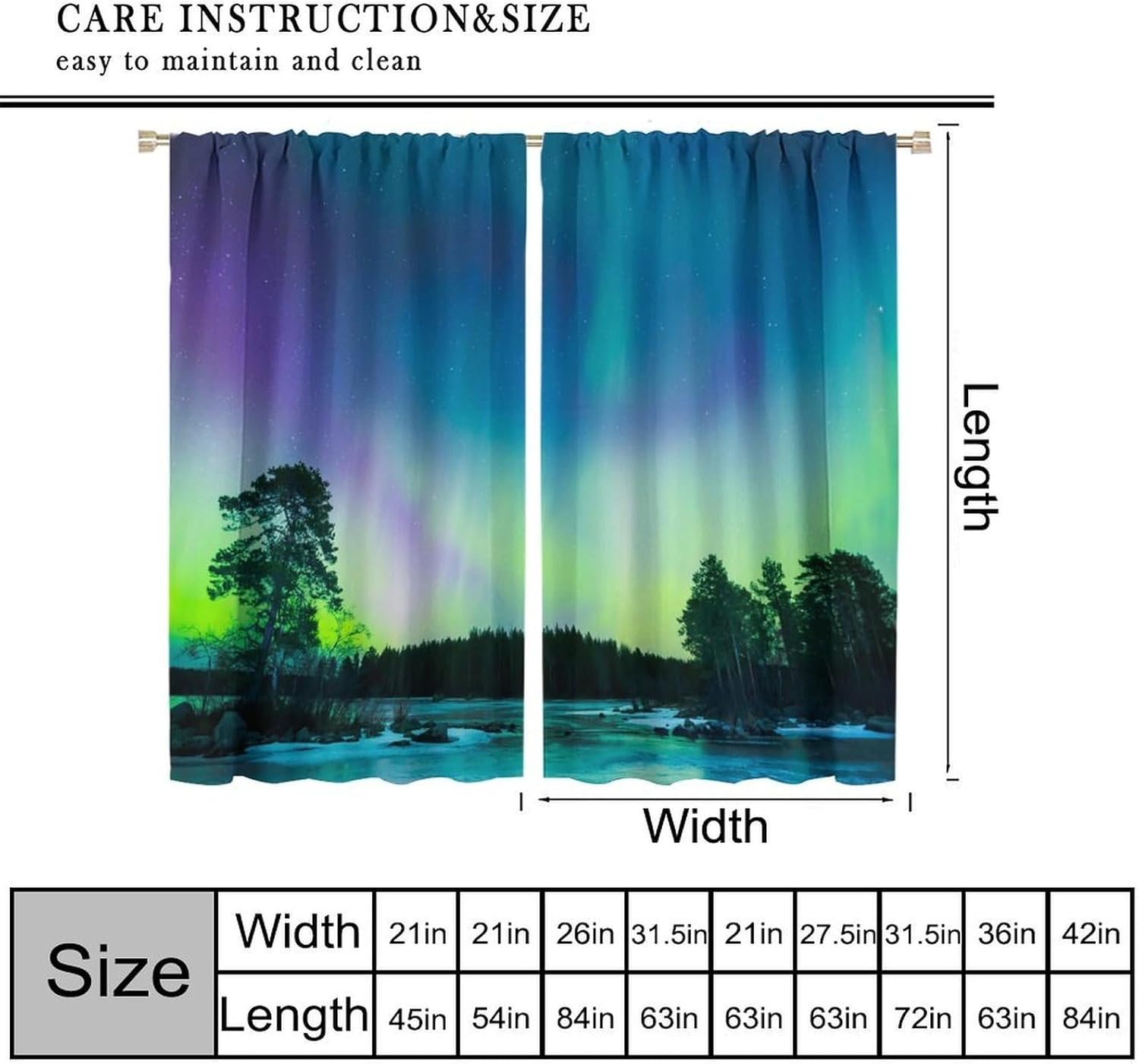 Aurora Borealis Curtains, Sky Over Lake Surrounded Forest Woods Hemisphere Print Blackout Rod Pocket Curtains for Bedroom Living Room Kitchen Thermal Insulated Window Drapes 2 Panels 42x45 Inch