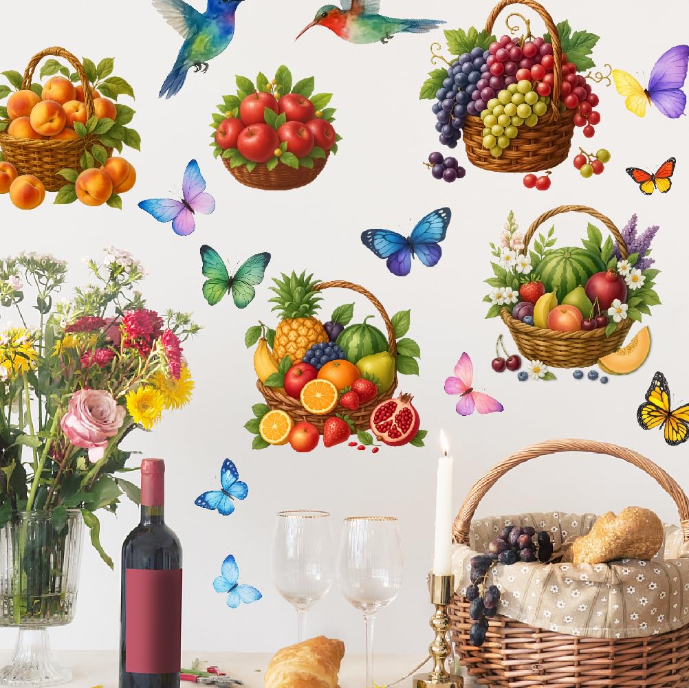 SUPERDANT Fruit Vegetable Basket and Birds Wall Stickers Grapes Watermelon Peach Pineapple Wall Decals Walls Art Stickers DIY Vinyl Decor Natural Decals Art Decor for Living Room Fruit Shop Kitchen