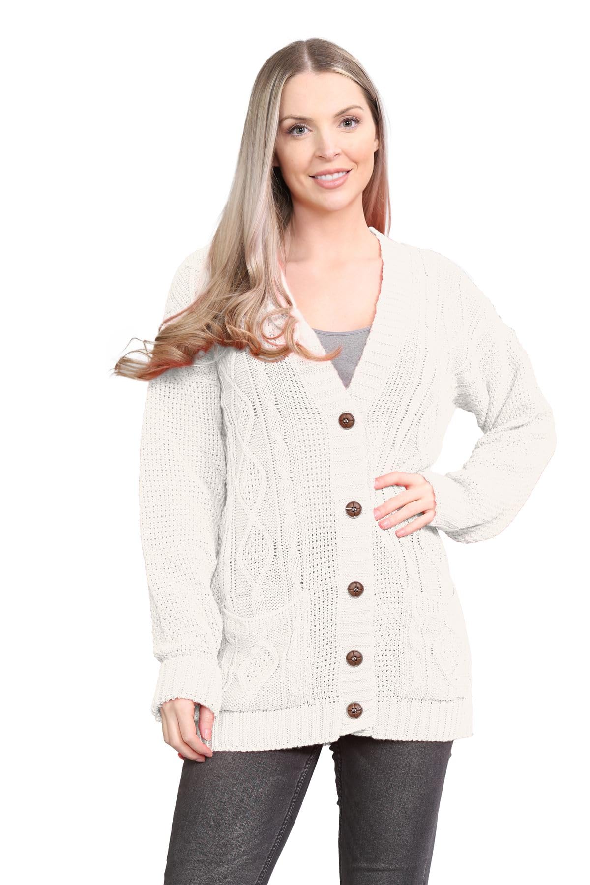 Janisramone Women's Cream Janisramone® Long Sleeve Chunky Cardigans For Uk, V Neck Button Up Cable Knit Cardigans, Warm Winter Long Jumpers Top For Casual And Daily Knitwear Cardigan