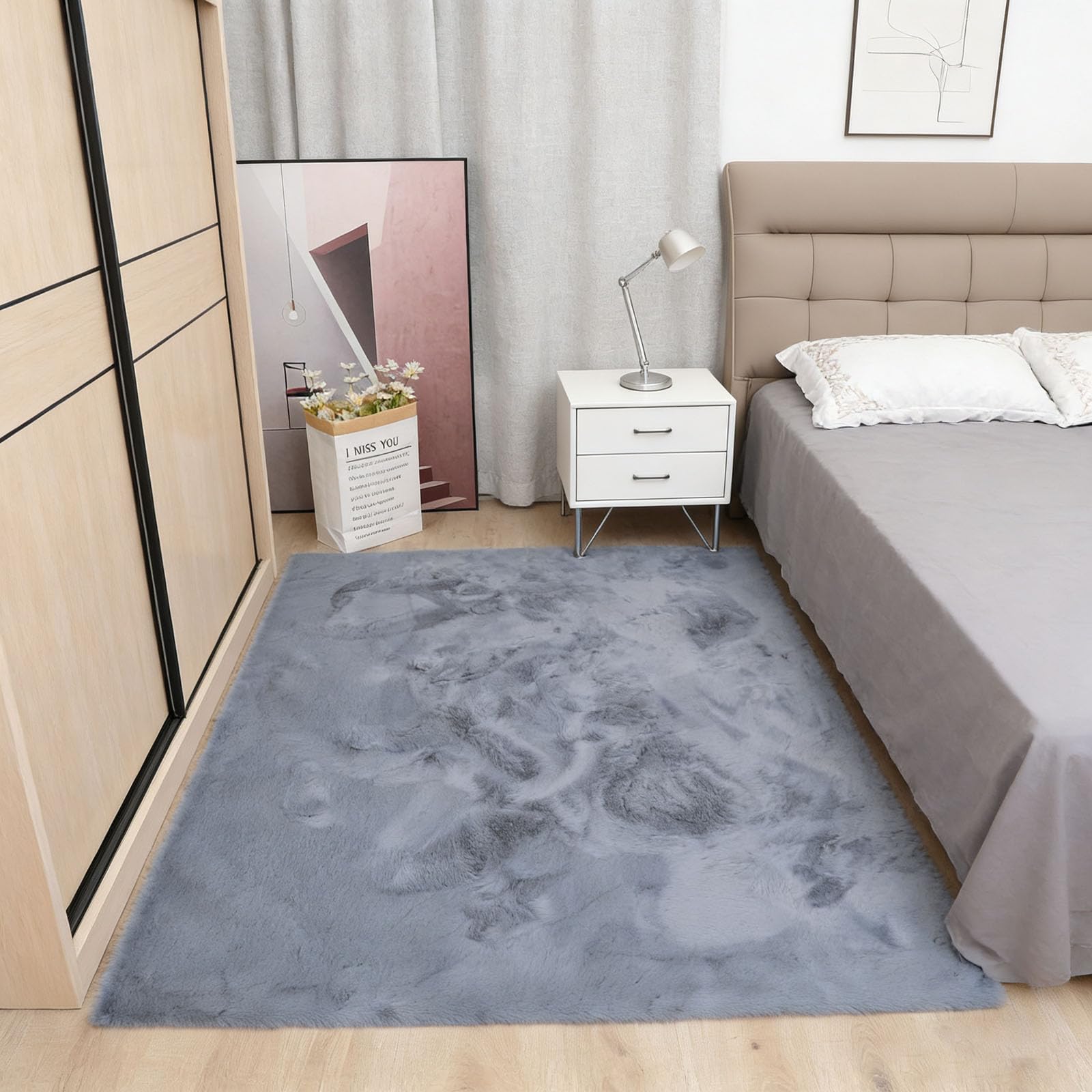 Tapis salon poils courts antidérapant gris fini les glissades