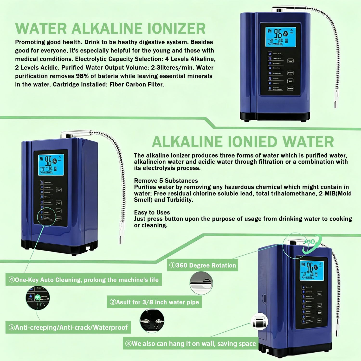 Ionizzatore d'acqua alcalina, meccanismo di filtrazione domestico che produce acqua con pH da 3,5 a 10,5, ORP fino a -500 mV, 7 impostazioni dell'acqua, 8000 litri per filtro, autopulizia Silver