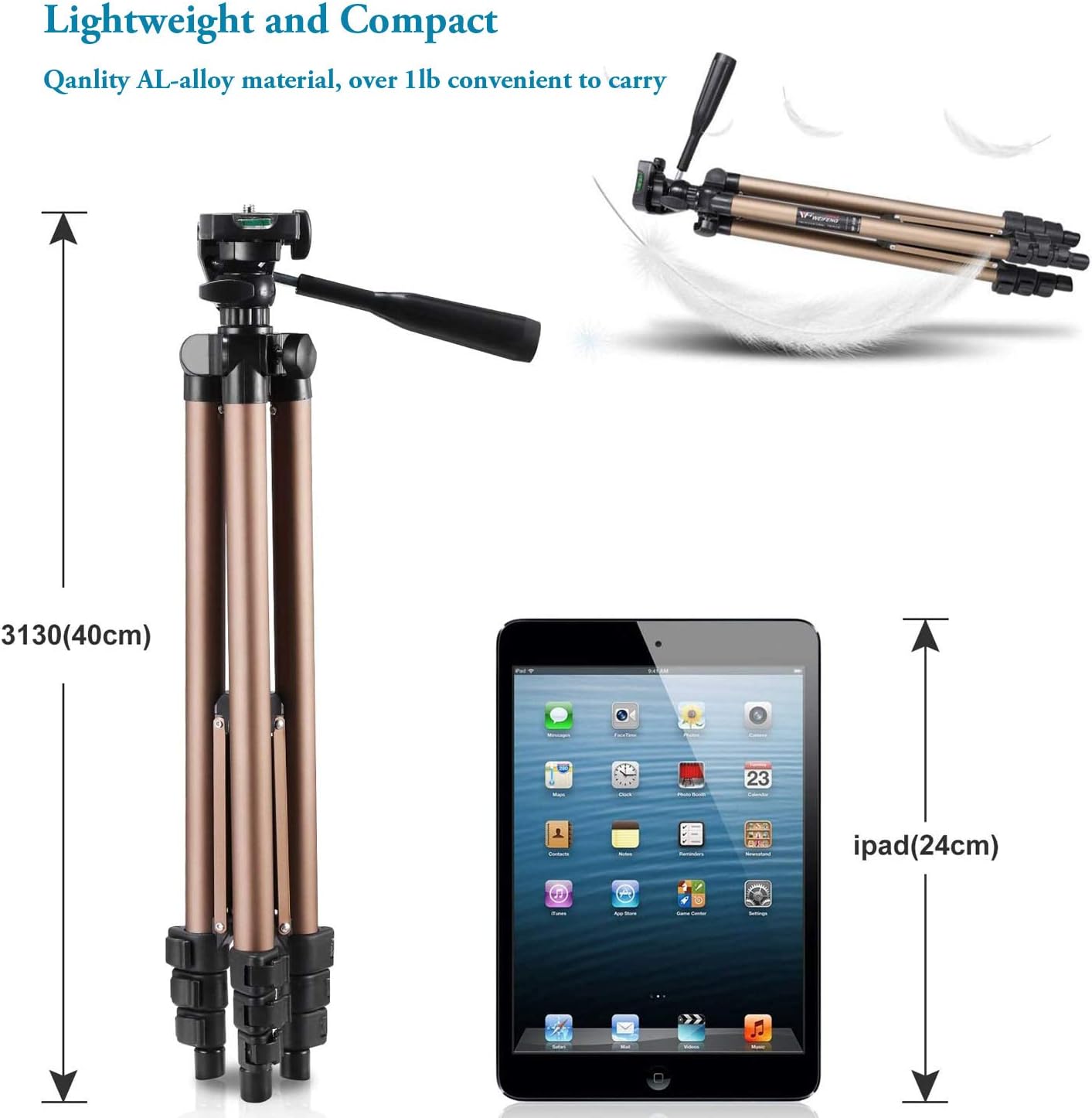 IPad Tripod Stand Universal Tablet Phone Mount Holder 51in Lightweight with Bluetooth Remote for iPad Pro 12.9 11 10.5,iPad Air Mini,Surface Tab,Galaxy Tab and 3.5 to 13.5in iPhone Tablet - Champagne