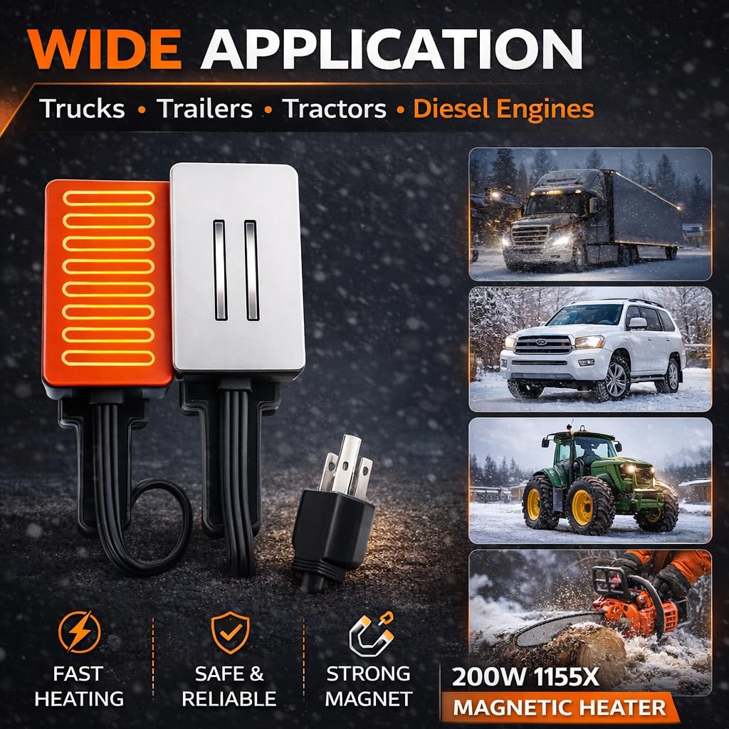 Magnetic Engine Block Heater 120V 400°F Thermostat, Oil Pan Heater for Diesel Engines, Transmission & Hydraulic Tank, Winter Engine Warmer for Cars, Trucks & Tractors