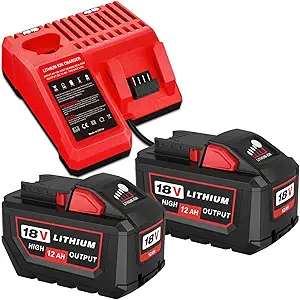 2Packs 12000mAh 48-11-1812 Lithium Replacement Battery and Charger Combo Kit Compatible with Milwaukee 18V Battery 48-11-1850 48-11-1815 48-11-1860 48-11-1890 48-11-2230 48-11-2830(Red)