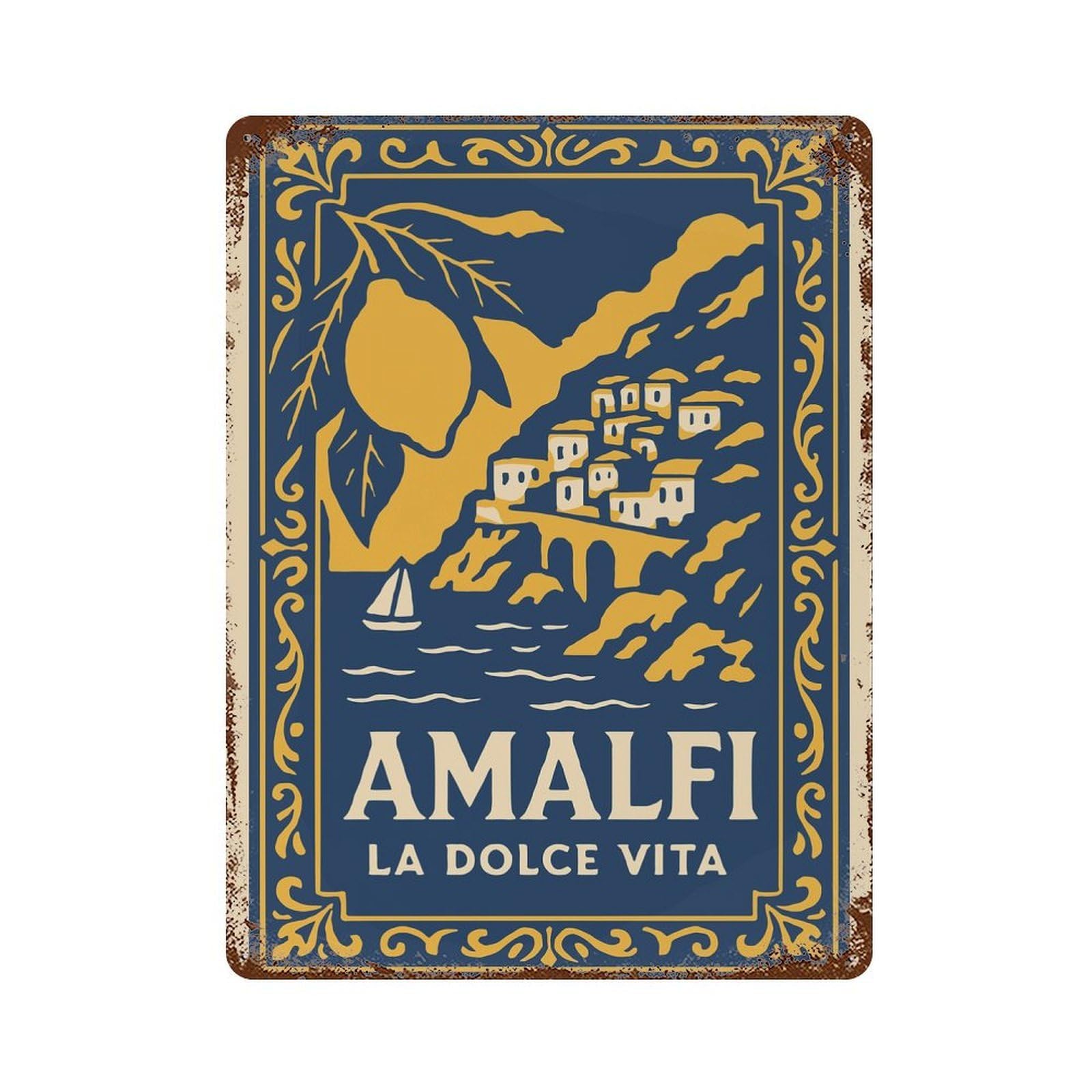 Amalfi Coast Travel Poster Retro Metal Sign 15.7"x11.8", Old School Wall Decor for Garage, Bar And Workshop Decor