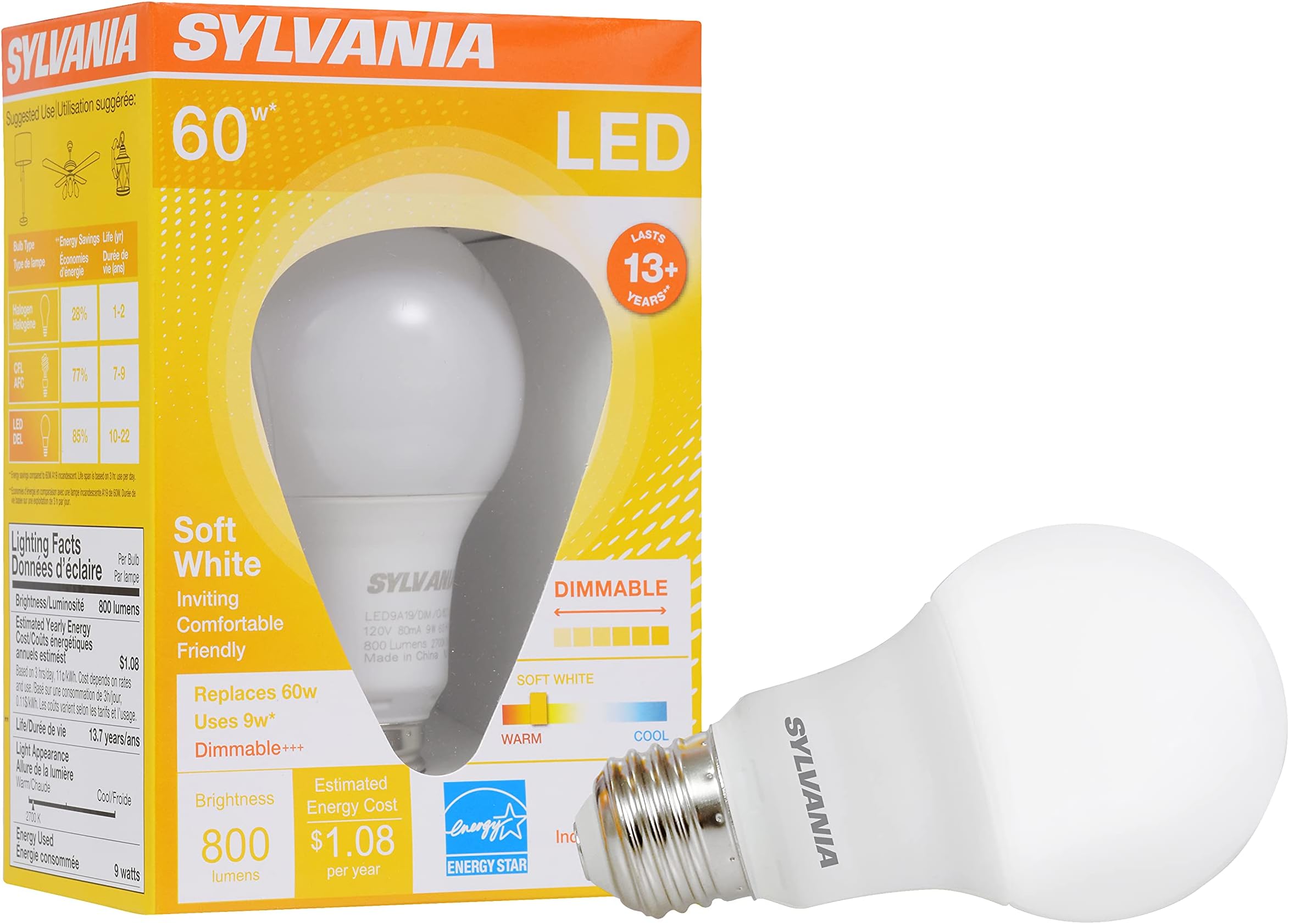 SYLVANIA A19 LED Light Bulb, 9W, 60W Equivalent, 13 Years, Dimmable, 800 Lumens, 2700K, Soft White - 1 Pack (74687)