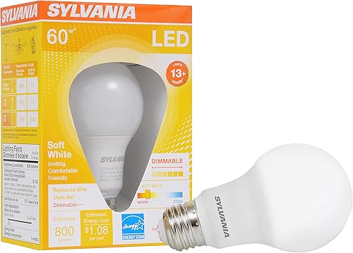 SYLVANIA - Bombilla LED A19, 9 W, equivalente a 60 W, 13 años, regulable, 800 lúmenes, 2700 K, blanco suave, 1 paquete (74687)
