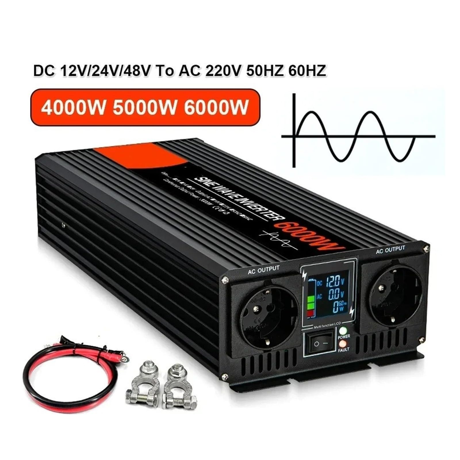 Inversor Potencia Convertidores Voltaje Coche Convertidor Voltaje 4000W 5000W 6000W Onda Sinusoidal para Pura Doble Enchufe CC 12V 24V 48V Ca 220V Convertidor