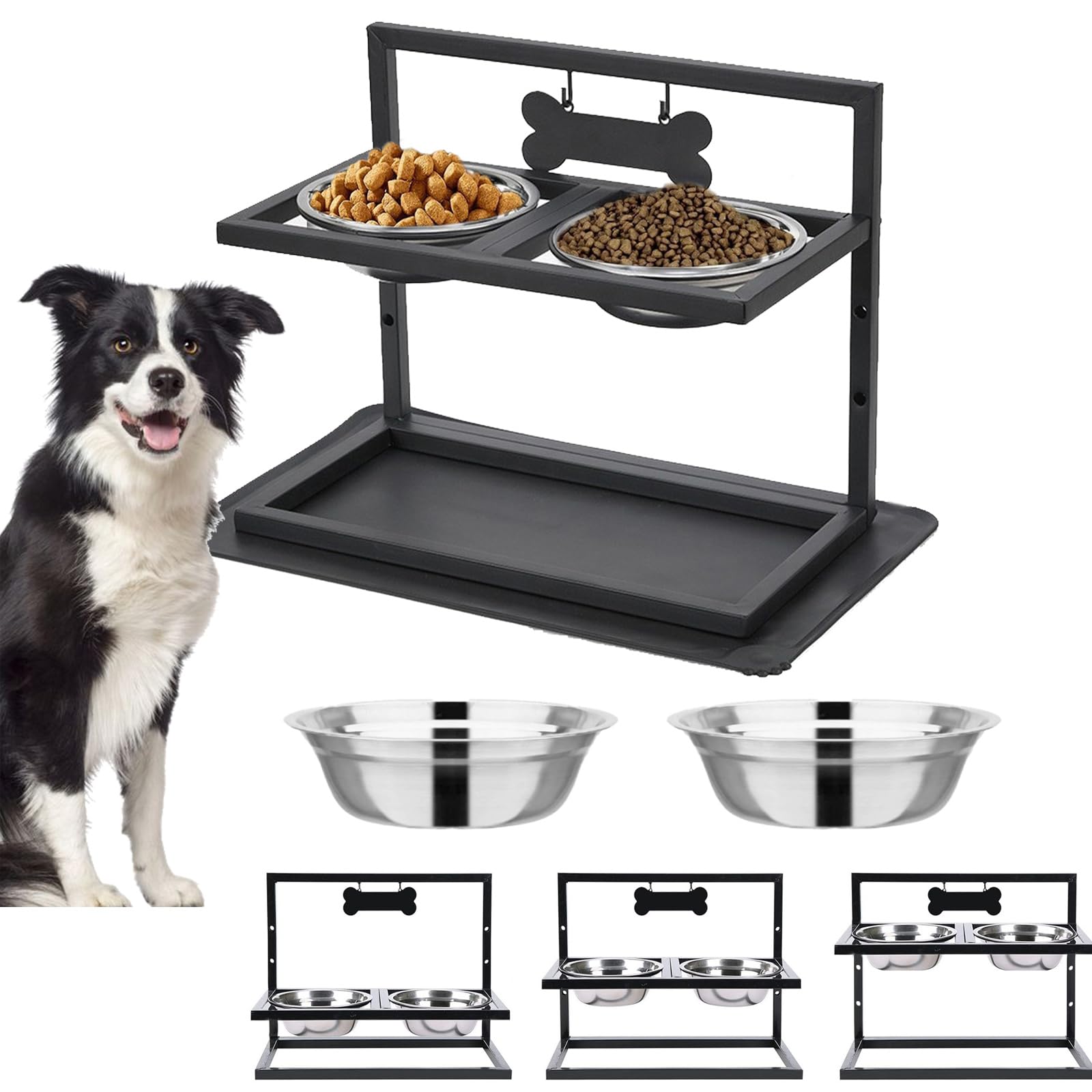 Comedero Elevado para Perros con 2 Cuencos De Acero Inoxidable Tapete Antifugas Altura Ajustable En 3 Niveles Color Negro 42 X 32 X 20,5 Cm