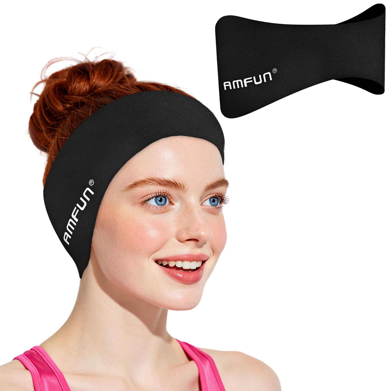 AMFUN Swimming Headband for Kids Adults, Adjustable Neoprene Ear Cover, Waterproof Keep Dry Hold Earplugs, Comfortable Headband for Swimming Surfing Kayaking M,Black