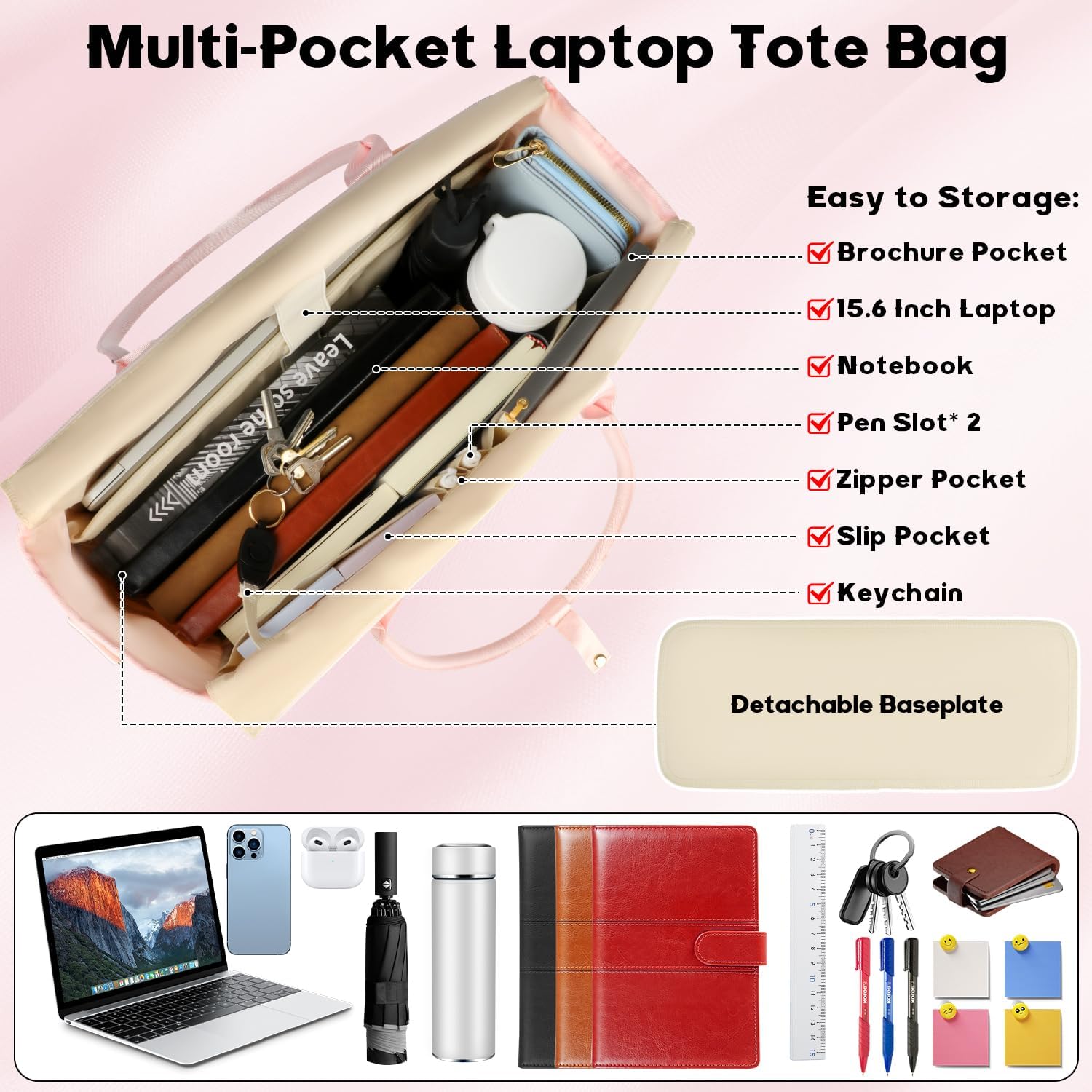 Lunch Tote Bag with 15.6 Inch Laptop Compartment& Water Bottle Pocket, Quilted Nylon Work Tote Bag with Large Insulated Lunch Compartment for Women School Business Teacher Nurse (Pink) - Image 5